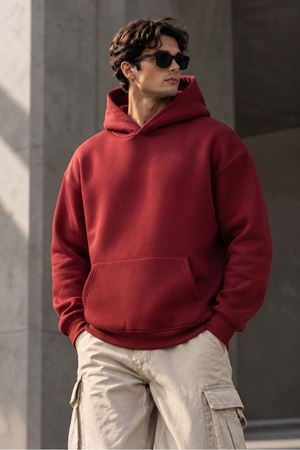 Oversize Unisex Bordo Kapüşonlu  Sweatshirt 