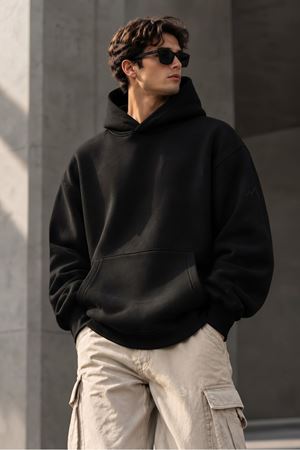 Oversize Unisex Siyah Kapüşonlu Sweatshirt 