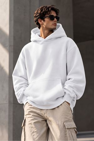 Oversize Unisex Beyaz Kapüşonlu sweatshirt 